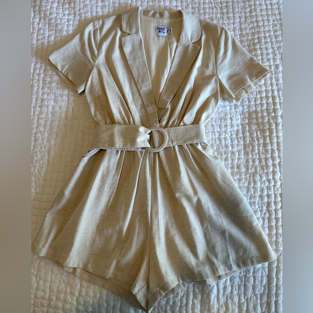 Tan linen belted romper